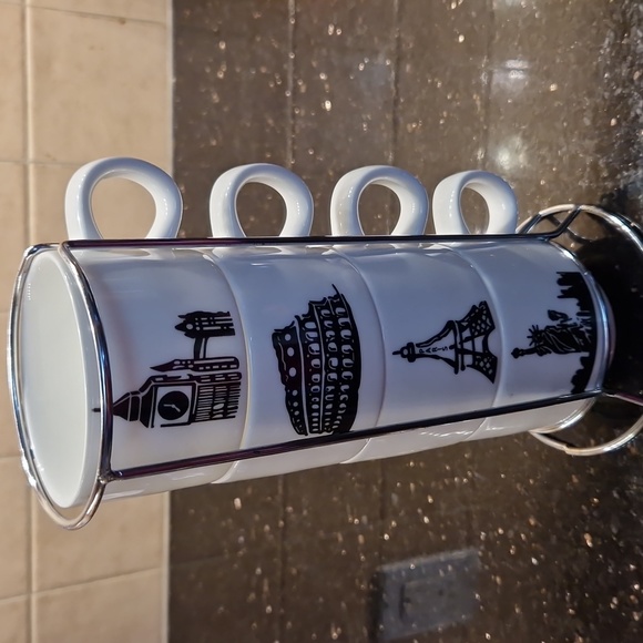 NWOT Set of 4 porcelain coffee cups with stand - Picture 3 of 6